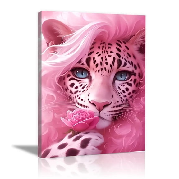Mudket Pink Fluffy Leopard with Pink Rose Canvas Wall Art, Cute Glam Princess Wall Art for Bedroom Print for Girls Nursery Dorm Home Decor , Framed Ready to Hang - 12"L x 8"W