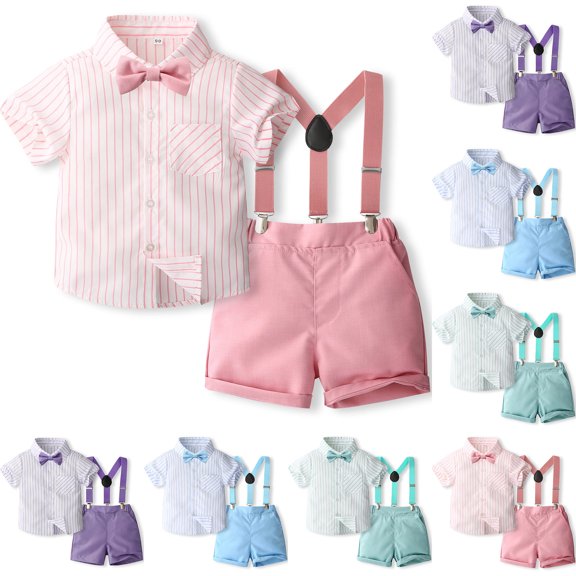 Bovxnpu Boys Girls Summer Outfits 2 Piece, Boys Bowtie Dress Shirt Suspenders Shorts Summer Formal Suits, Boys' Fashion Stripe Printed Bow Shirt Strap Shorts Short Sleeve Collar Set 5 Years