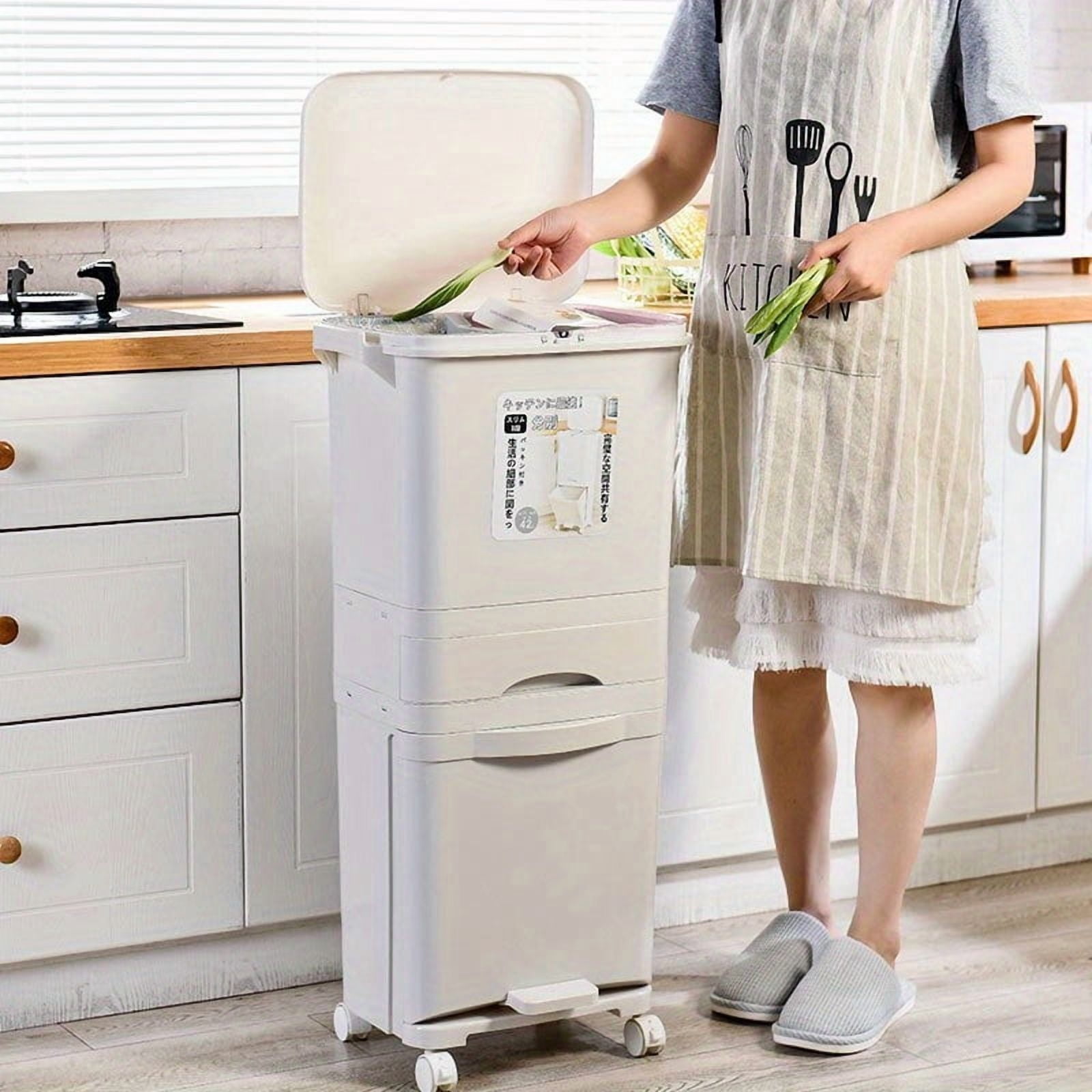 Large Double-Layer Trash Can with Lid – Foot Pedal Garbage Bin for Kitchen, Dry & Wet Waste Separation, Durable Plastic Rubbish Bin for Home, Office, and Cleaning Supplies
