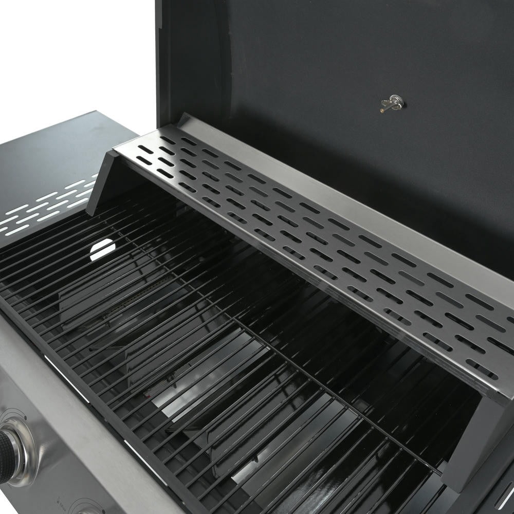 Kepooman Grill with Two Shelves, Lid, Wheels and Bottle Opener, Outdoor BBQ Grill with 4 Burner and Stainless Steel 34,000 BTU for Outdoor, Black