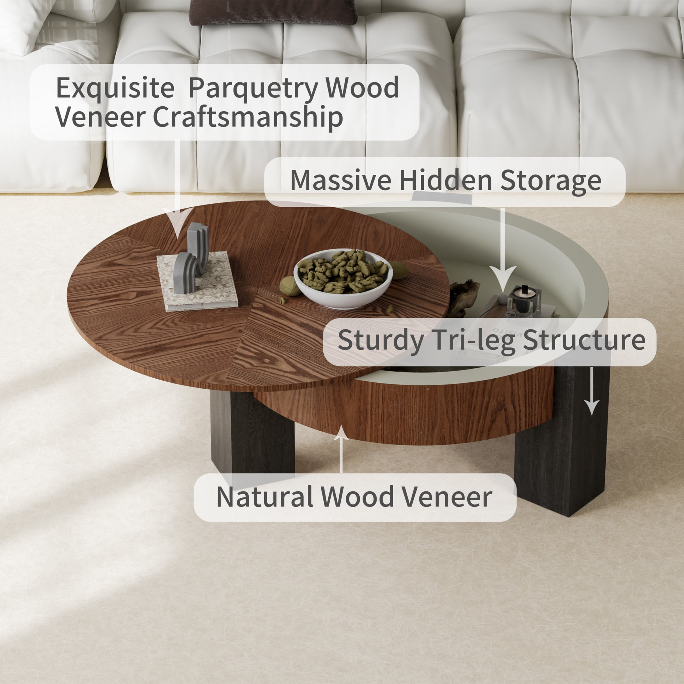 Noble House Lira 33" Round Coffee Table with Hidden Storage, Sturdy Accent Table for Living Room, Small Space, Walnut
