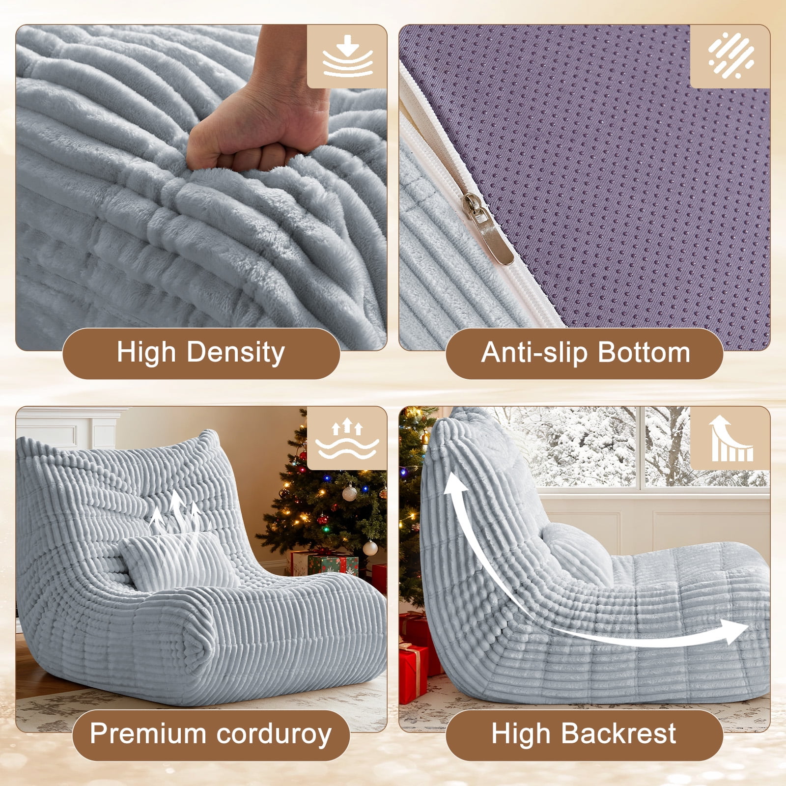 Bean Bag Chair for Adults with Lumbar support pillow Memory Foam Giant Bean Bag Sofa with Corduroy Material Lazy Sofa for Living Room Bedroom Dorm Office, Grey