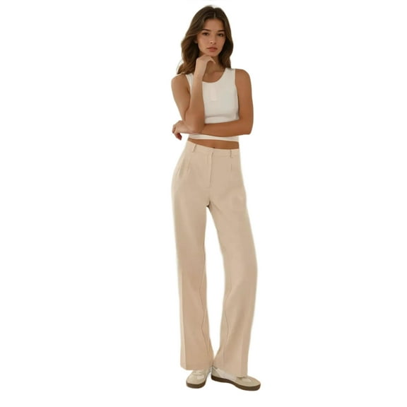 Mid Waist Pleated Straight Fit Pants