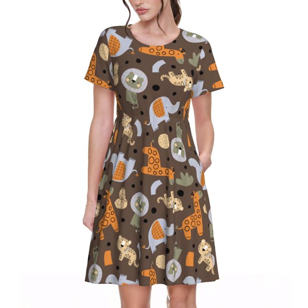 Disketp Cute Lion Tiger para Vestido de Manga Corta para Mujeres, Vestidos de Verano para Mujeres, Casual y Holgado para la Playa