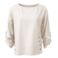thumbnail image 4 of Delayuji Women's Cotton Linen Shirt Round Neck Long Sleeve Shirt with Button Fashion Solid Color Loose Summer Tops Business Casual Outfits, 4 of 5