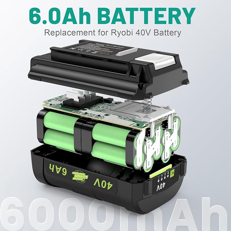 2 pack Large Capacity 6.0Ah 40V Battery for Ryobi 40 Volt Power Tools OP4015 OP4026 OP40201 OP4030 OP4040 OP4050 OP40601 etc. Replace for Ryobi 40V Battery