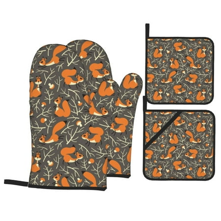 

Oven Mitts and Pot Holders 4 pcs Set Funny Cute Squirrel Cartoon Heat Resistant Pot Holders Oven Mitts for kitchen Non-Slip Hanging Loop Oven Glove Potholders for Baking Cooking