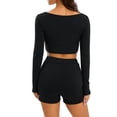 thumbnail image 6 of Biekopu Women Summer Clothes 2Pcs Suit, Solid Color Long Sleeve U-Neck Cropped Tops + High-Waist Slim Shorts, 6 of 7