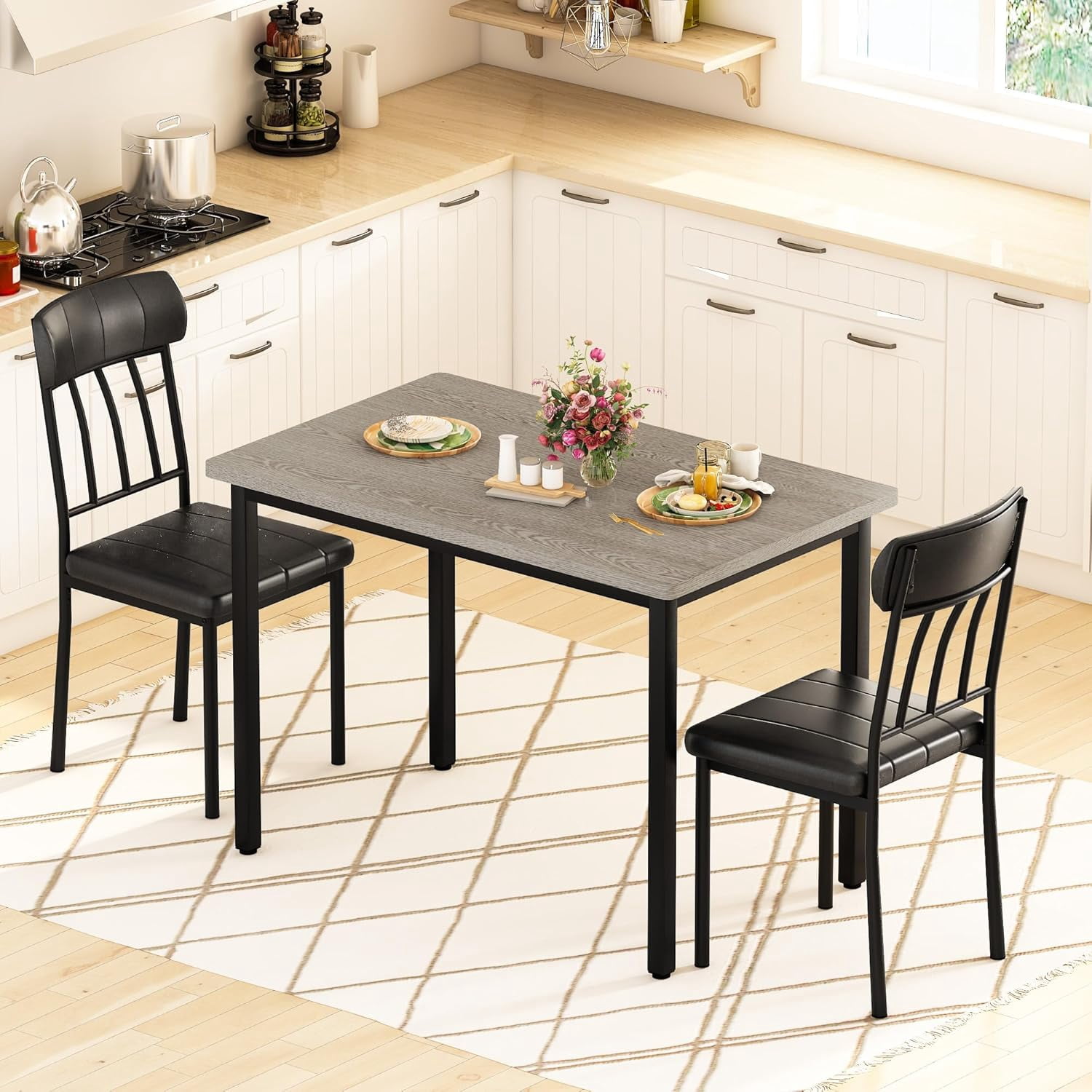 Baxluxe 2-Person Dining Table Set for 2, Small Rectangle Kitchen Table with 2 Backrest Dining Chairs, 3 Pieces Industrial Dining Table and Chairs Set, Wooden Dinette Set for Small Space, Gray
