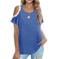 thumbnail image 2 of Cold Shoulder Top Short Sleeve T Shirt Round Neck Pure Color with Lace Trim Casual Cute for Summer Women Blue XXL, 2 of 5