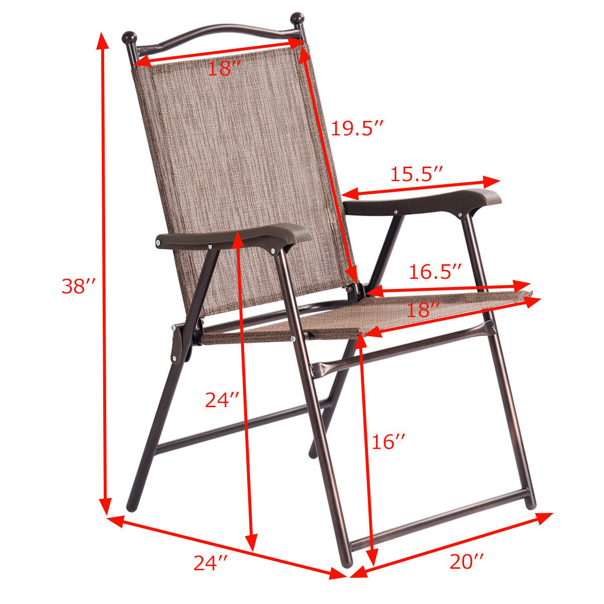 Costway Set of 2 Patio Folding Sling Back Chairs Camping Deck Garden Beach Brown - image 2 of 9