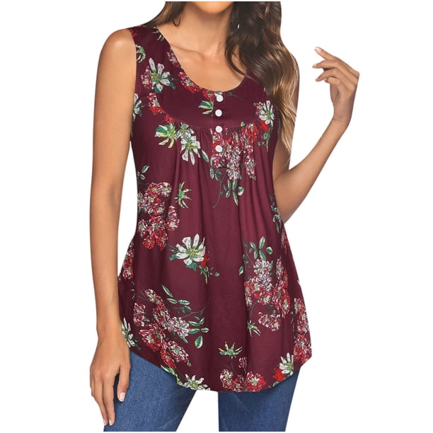 Tops estampados en color sólido sin mangas con botones y cuello redondo a la moda para mujer Fridja qr3269