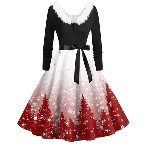 Women's Fashion V-Neck Casual Slim Christmas Printed Long Sleeve Hair Collar Dresses for Elegant Holiday Events and Parties,Red,S