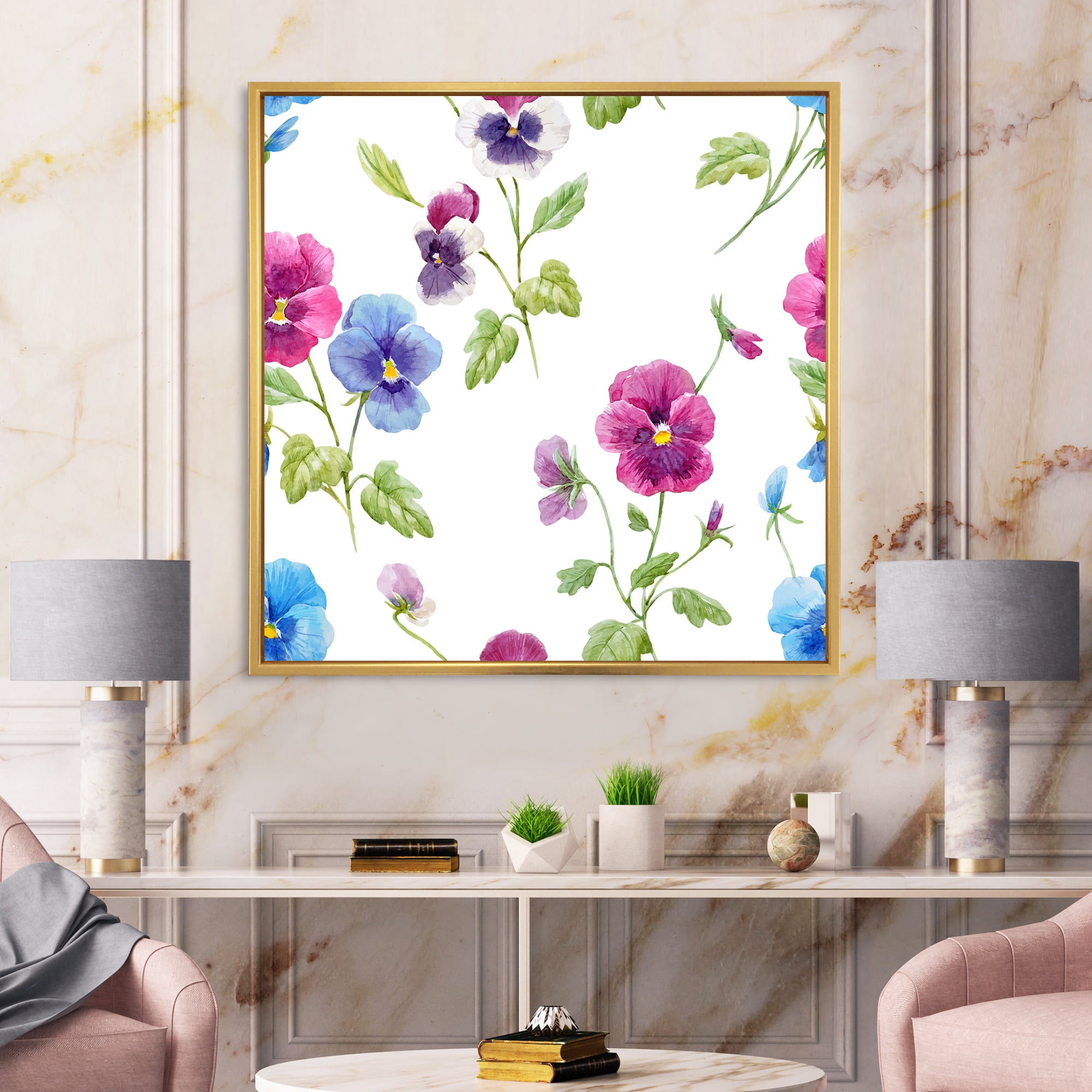 Designart 'Blue and Pink Pansy Flowers II' Traditional Framed Canvas Wall Art Print