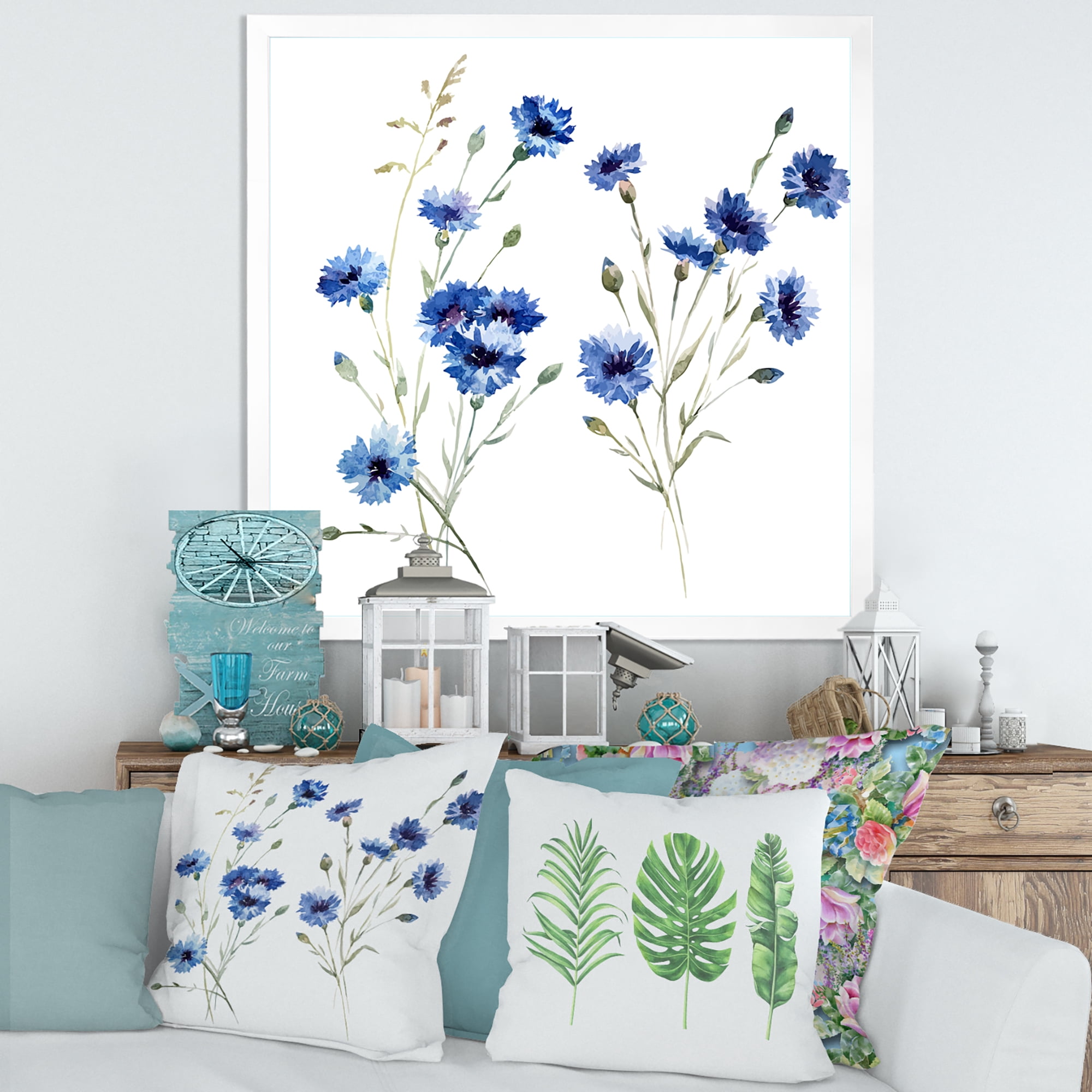 Designart 'Blue Cornflowers With Green Leaves On White III' Traditional Framed Art Print