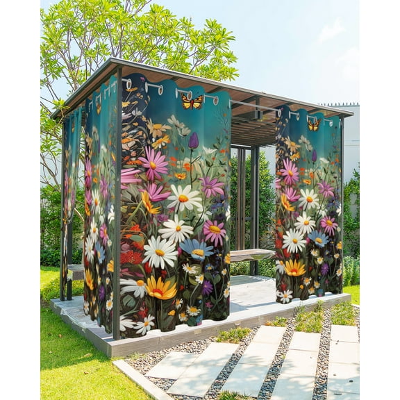 Outdoor Curtains for Patio, Spring Floral Waterproof Blackout Outside Curtain for Porch/Pergola/Gazebo, Colorful Daisy Summer Botanical Butterfly Thermal Insulated Drapes, 1 Panel, 54 x 84 Inch