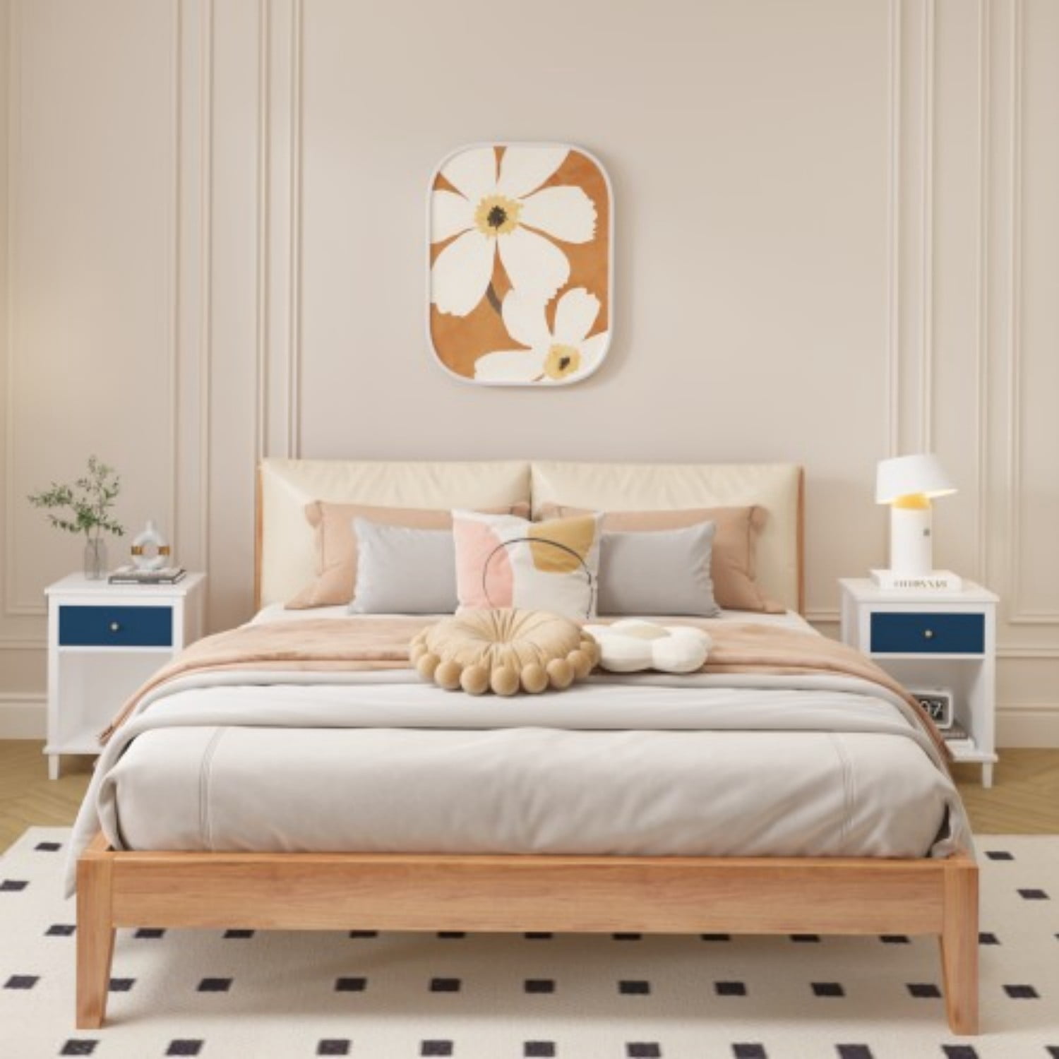 26.77" Wooden Nightstand with Drawer and Open Shelf, Modern Bedside Table for Kids & Adults, MDF End Table with Silver Handle, White+Navy