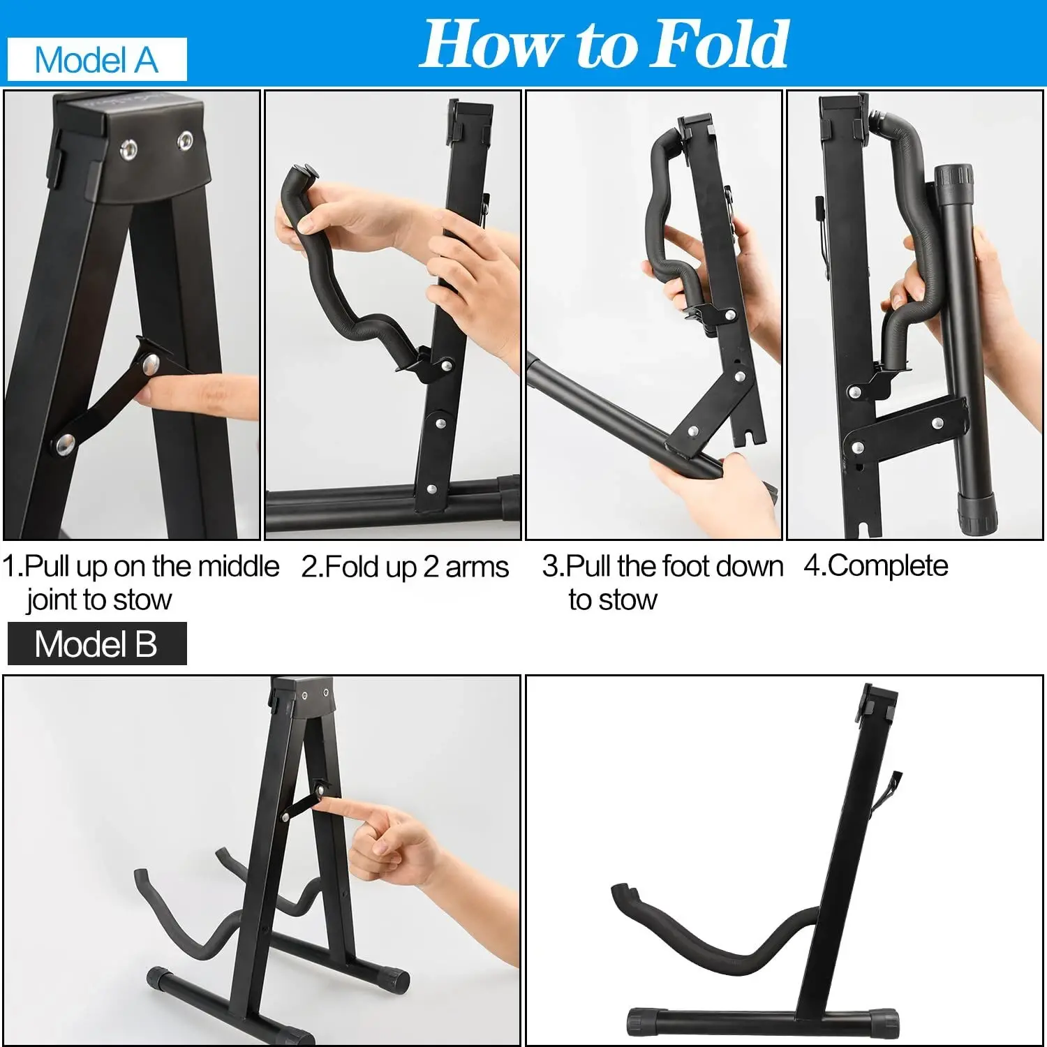 2 Pack A-Frame Folding Guitar Stand with Non-Slip Rubber and Foam Arms, Metal Guitar Stand for Acoustic, Electric, Bass, Ukulele, Banjo