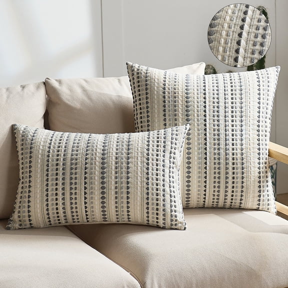 Boho Throw Pillow Covers 16x16 Inch Set of 2 Striped Chenille Farmhouse Decorative Cushion Covers for Sofa Couch Bed Living Room Farmhouse Decor (Grey, 16" x 16")