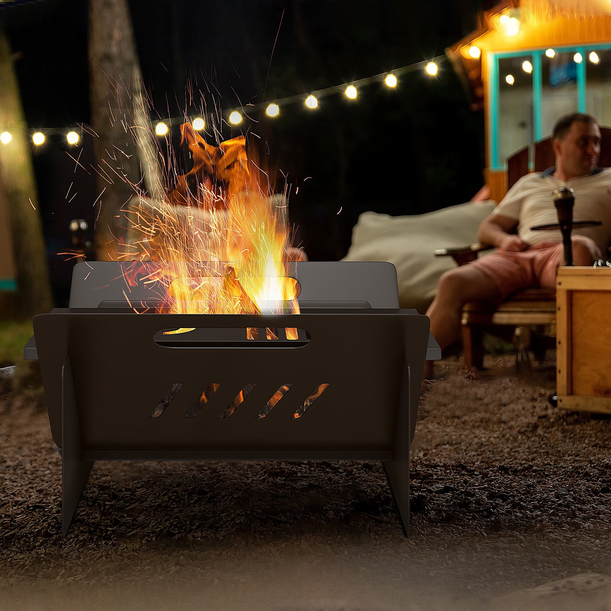 3-in-1 Portable Fire Pit & Coffee Table, Wood Burning Stove with Carrying Bag for Camping, Backyard, Patio - Quick Assembly, Black Steel