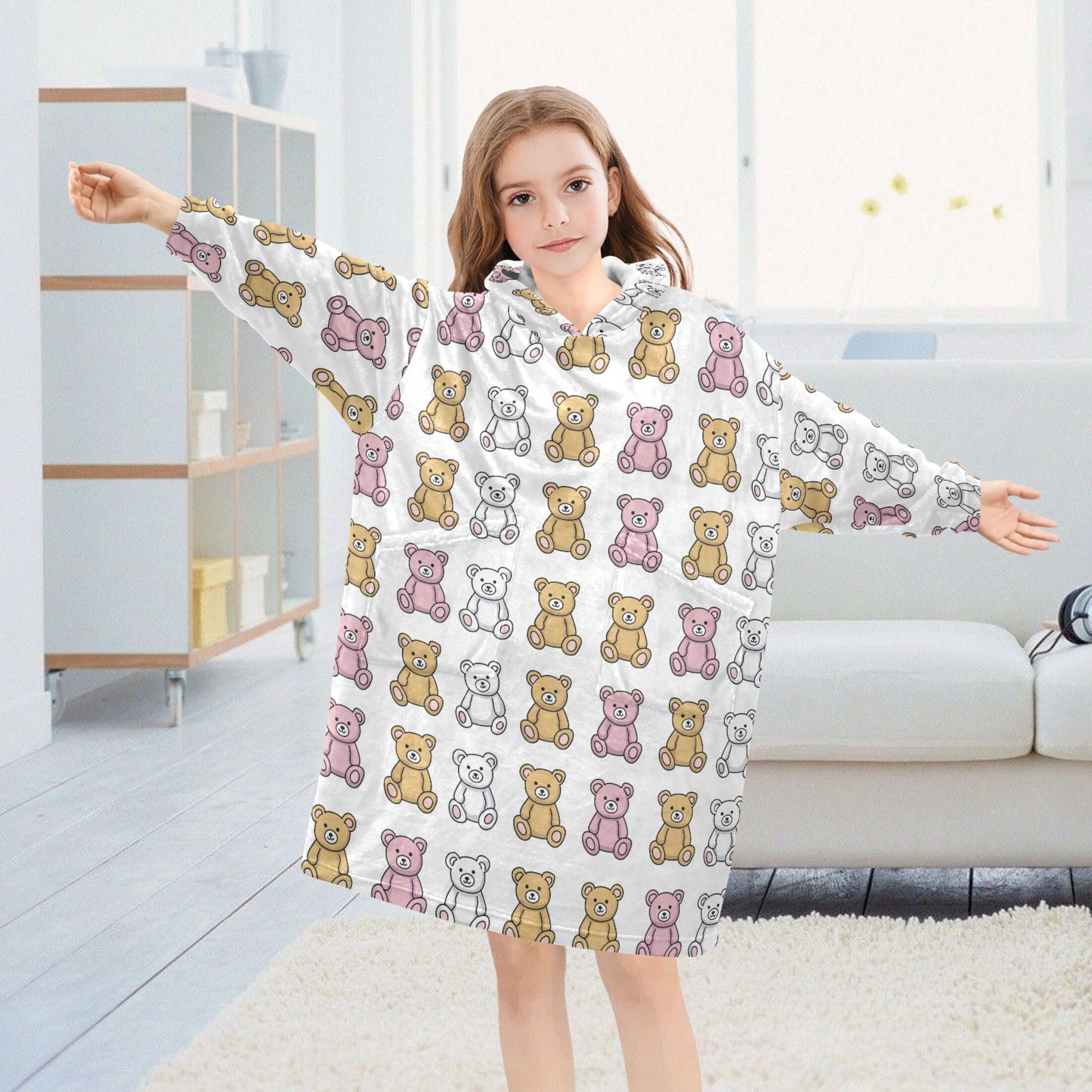 Wearable Blanket Hoodie for Kids Cute Bear Simple Flannel Hooded Blanket with Pockets and Sleeves Suitable for Boys and Girls