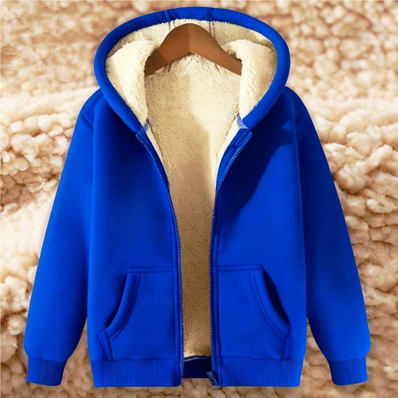 Women's Solid Color Fleece Jacket, Full Zip Plush Lined Outerwear with Front Pockets, Warm Winter Casual Coat for Daily Wear, Soft Brushed Interior Comfortable Cold Weather Protection Dark Blue L