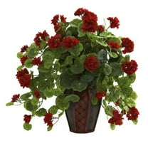 Nearly Natural Plastic 22" Geranium Artificial Plant with Decorative Planter, Green/Red