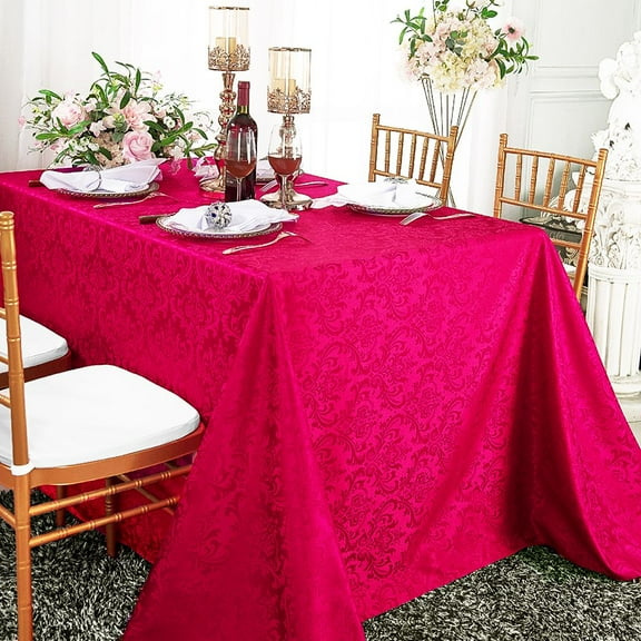 Wedding Linens Inc. 90" x 156'' Rectangular Jacquard Damask Polyester Tablecloth Table cover linen - Fuchsia