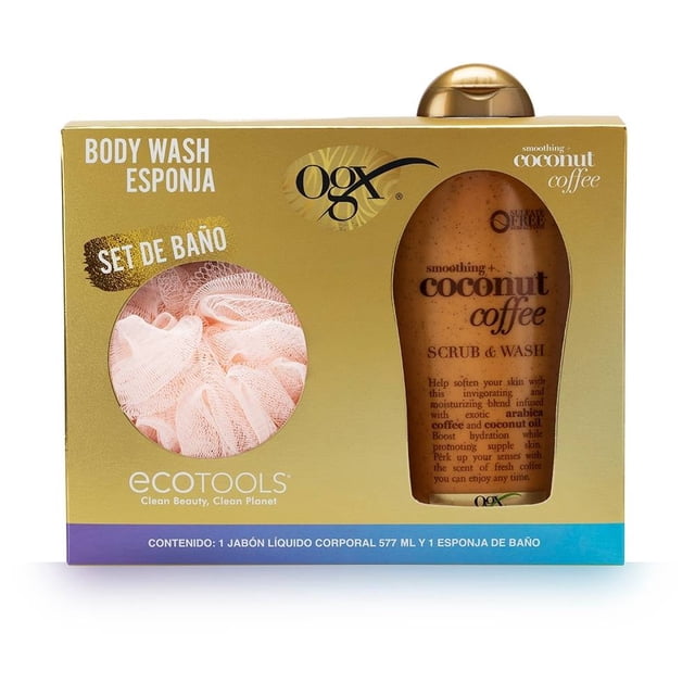 Pack jabón líquido corporal Ogx smoothing + coconut coffee 577 ml + esponja de baño