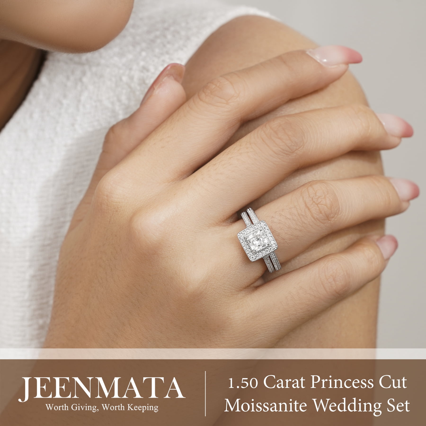 JeenMata 1.5 Carat Princess Cut Moissanite Wedding Set - Bridal Set - Milgrain Ring - Vintage Ring - Halo Ring - 18K White Gold Plating for Women