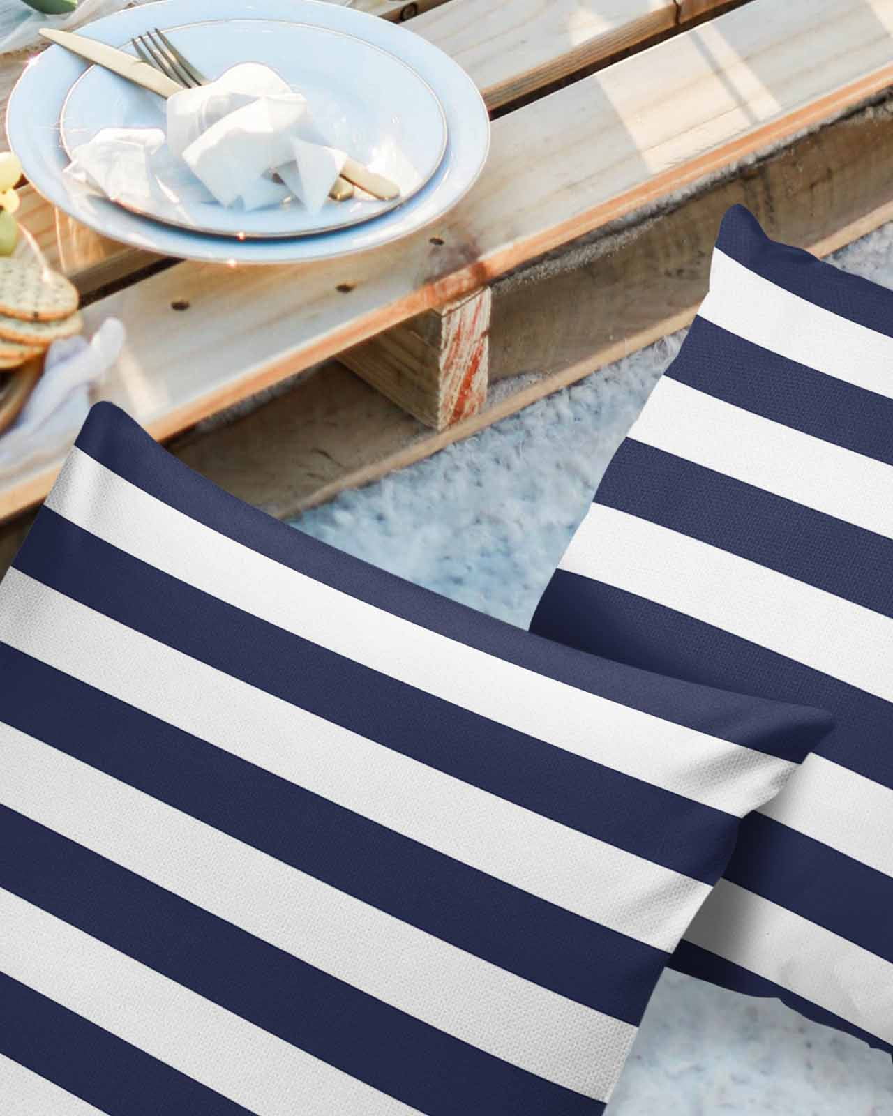 Pack of 2 Outdoor Pillow Covers, Navy Blue White Stripe Waterproof Square Throw Pillowcase Cushion Decorative Pillow Covers for Couch Patio Tent, 16x16 in