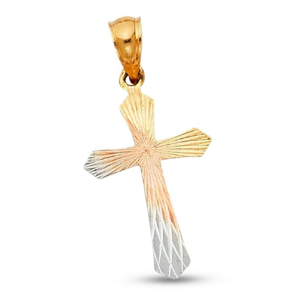 14k Tri Tone Gold Religious Cross Stamp Charm Genuine Jesus Christ Crucifix Diamond Cut Pendant Solid New 22 mm x 15 mm