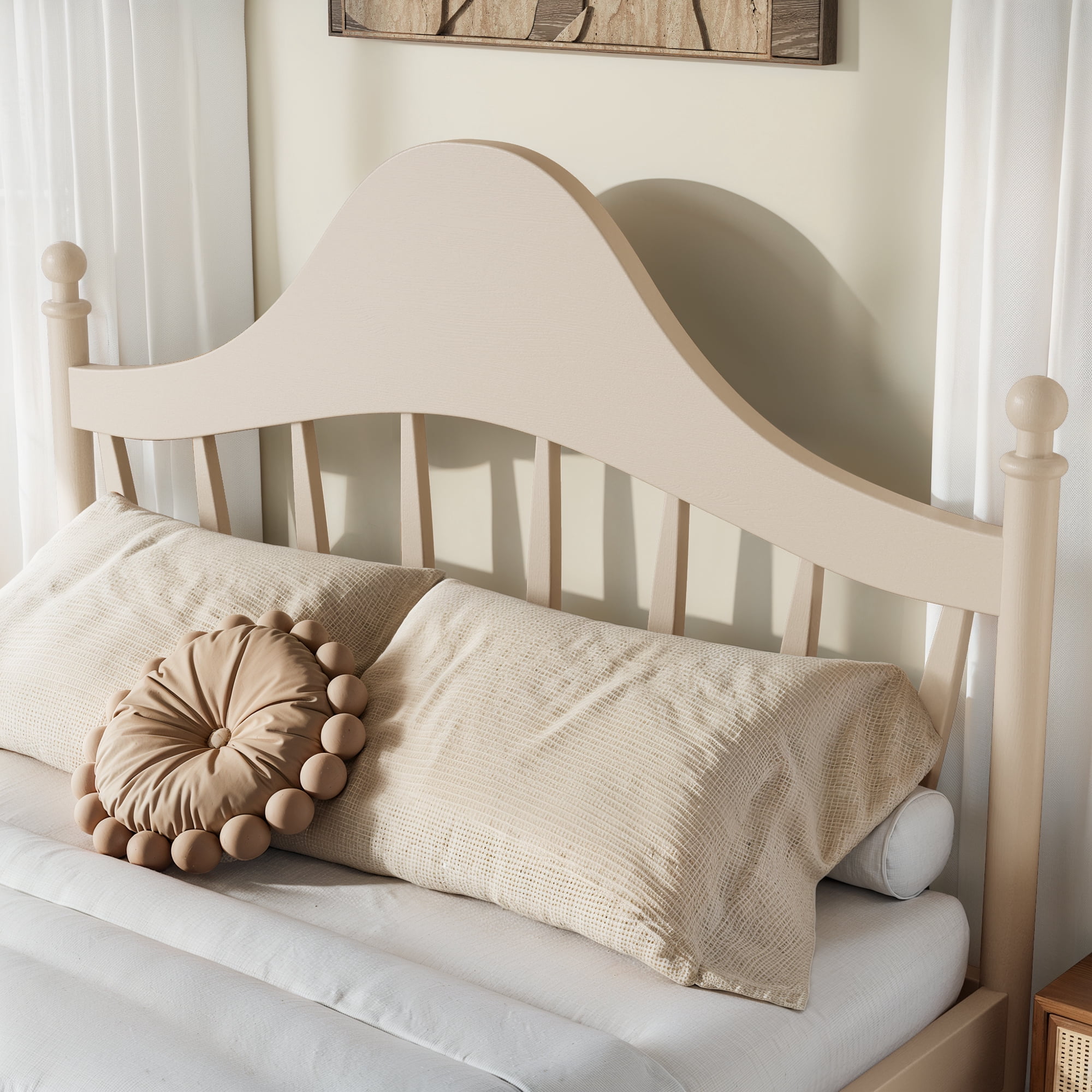 Leumius Queen Size Platform Bed with Chic Headboard, Solid Wood Bed Frame with Slatted Support, Low to Ground Design for Bedroom Beige