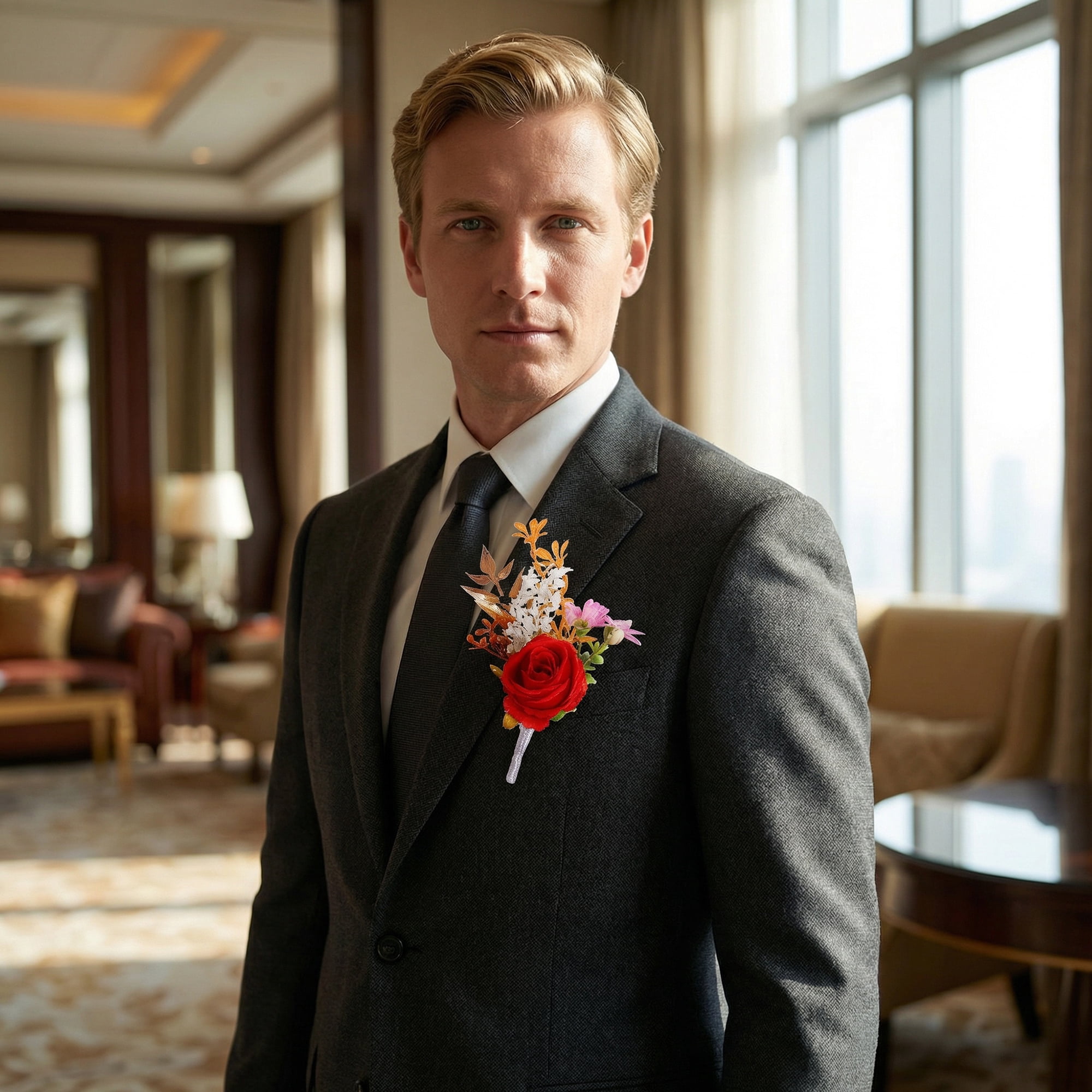 Unique Bargains Artificial Rose Corsage with Pins for Men Orange 5.7"