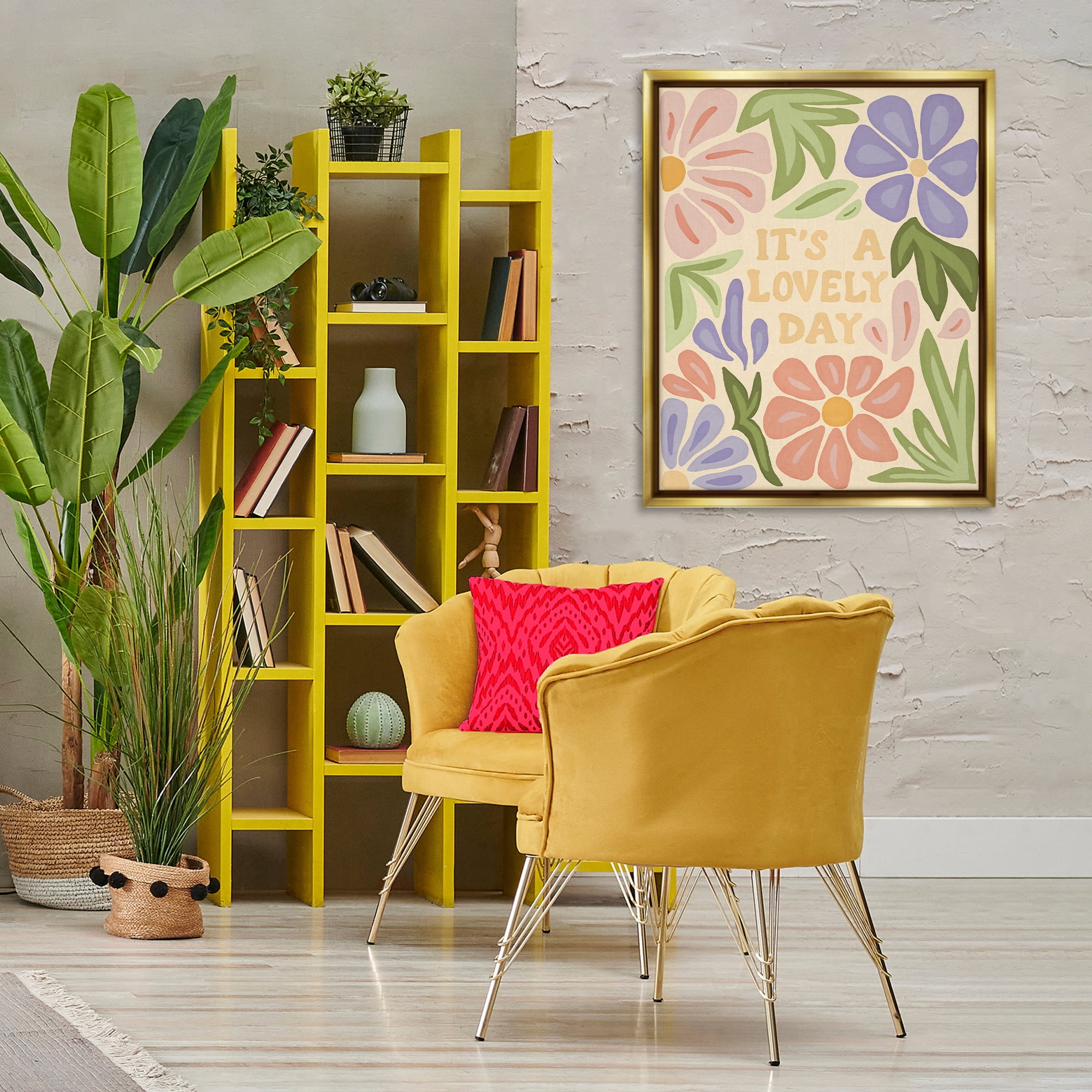 Stupell Industries Lovely Day with Florals Plants & Flowers Painting Gold Floater Framed Canvas Art Print Wall Art, 25 x 31