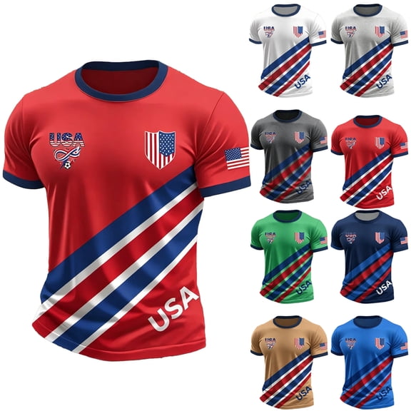 Soccer Cup 2026 Jersey for Men, Crew Neck Short Sleeve USA Shield & Diagonal Stripes Graphic Tee - Breathable Polyester Athletic Top for Match Day & Gym Blue L