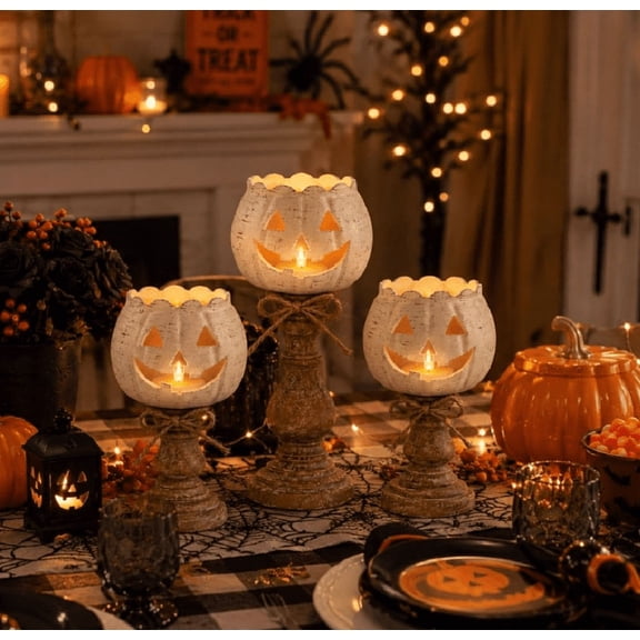 Rustic White Pumpkin Tealight Candle Holder Set - Farmhouse Halloween Pumpkin Tea Light Candle Holders Decor, Tables Centerpieces for Thanksgiving and Halloween Party