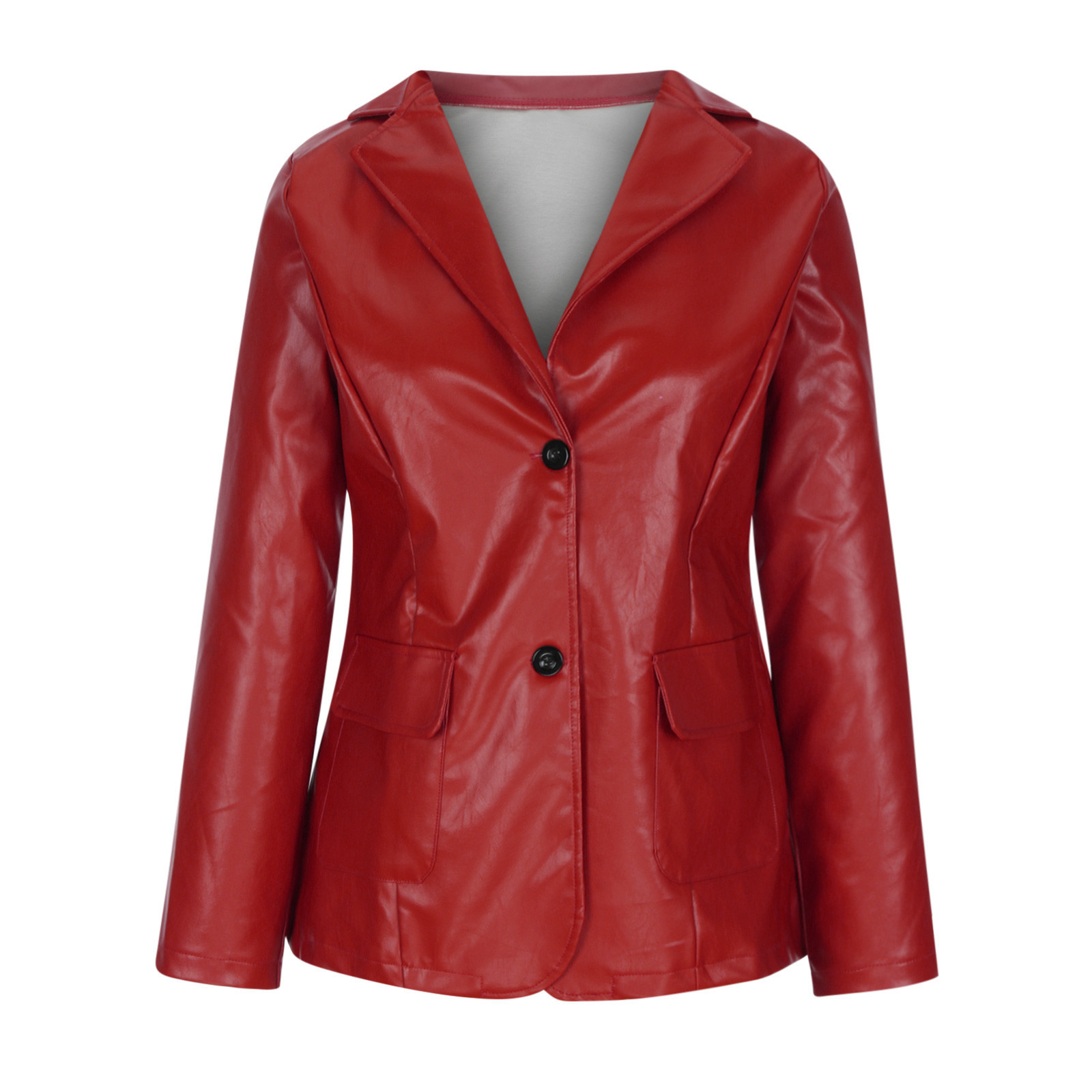 XIAOFFENN Women's Faux Leather Jackets, Lapel Collar Button Pocket Lightweight Motorcycle Jacket Leather Jacket Coat Pleather Outwear Red XL - image 4 of 7