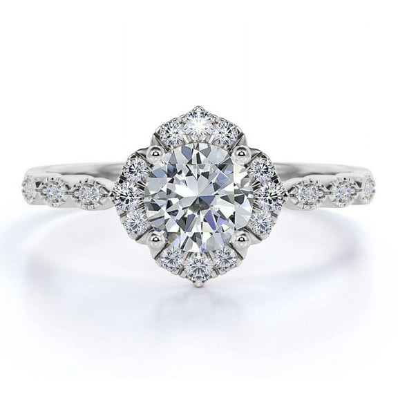 JeenMata Antique Round Diamond Vintage Halo Engagement Ring in 10K White Gold
