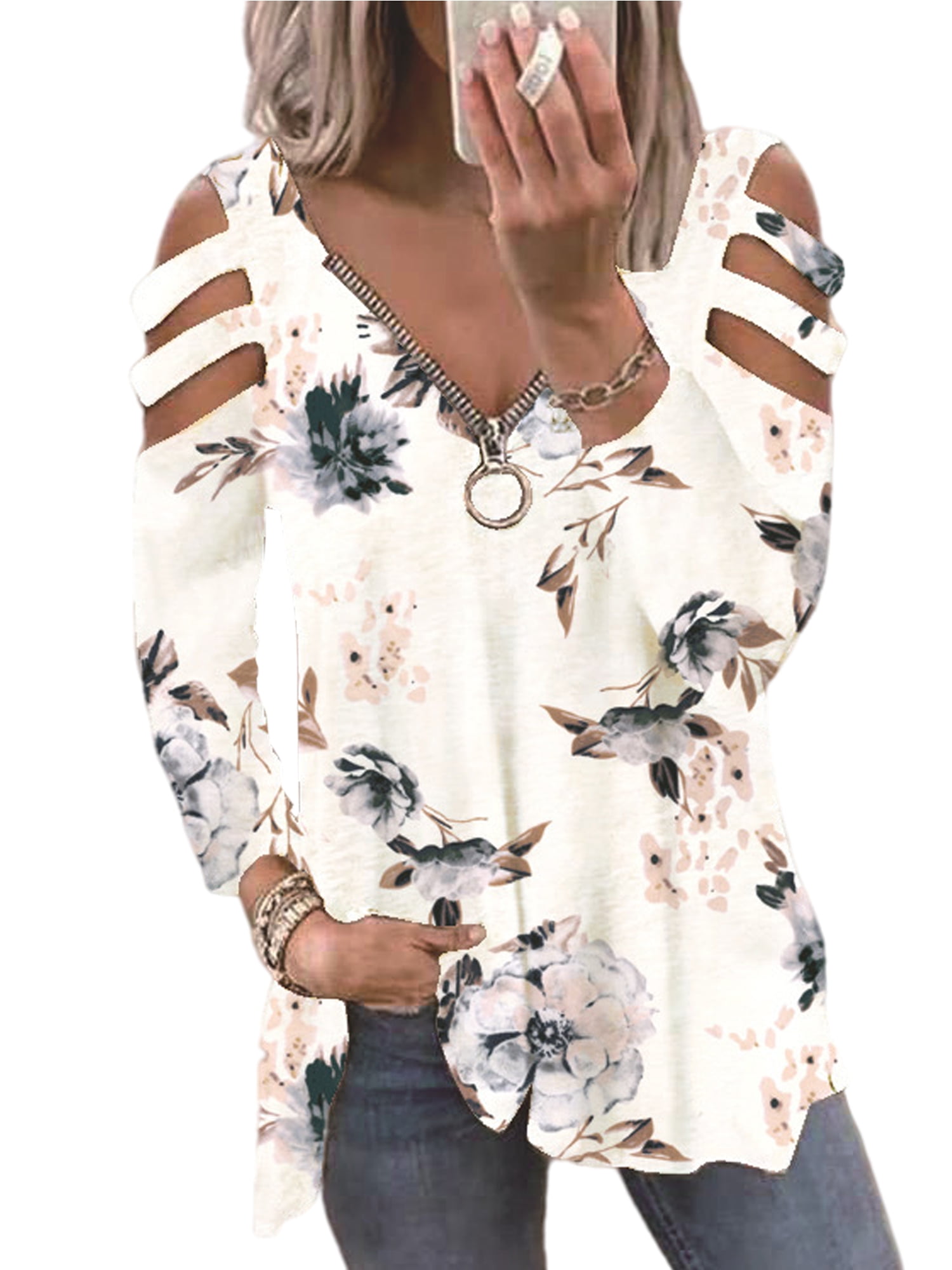 Fall Womens Tops Long Sleeve Cold Shoulder Tees Shirts V Neck Zipper Blouse Floral Printed Trendy Tunic 