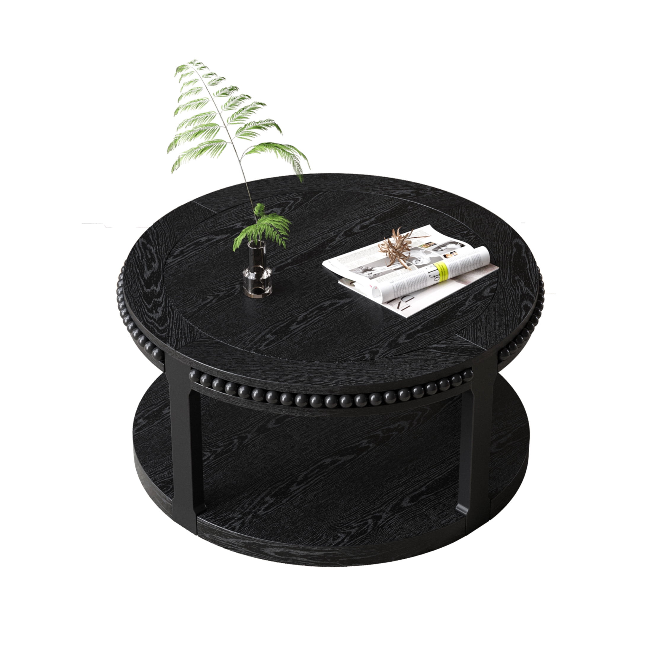 Noble House Solid Wood Round Coffee Table for Living Room,2-Tier Rustic Wood Desktop with Storage Shelf Modern Design Home Furniture, Black