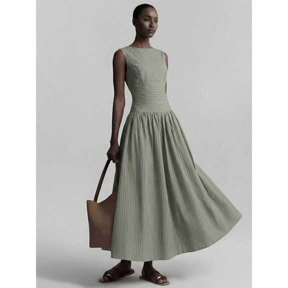Green Striped Sleeveless Ruched Waist A-Line Maxi Dress, Casual Elegant Long Dress for Women