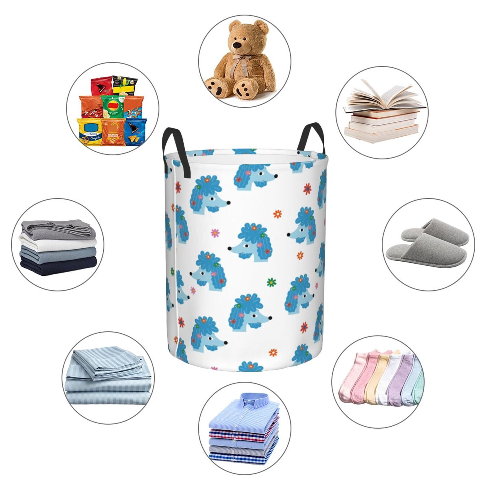 Large Laundry Basket with Handles - Blue Cute Poodle Dog Flower Kids Baby Dirty Clothes Laundry Hamper for Bedroom Aesthetic