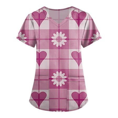 

Cakiesky Womens Plus Scrubs Cartoon Pattern V Neck Short-Sleeve Nursing T Shirts for Healthcare Workers Pink XXL