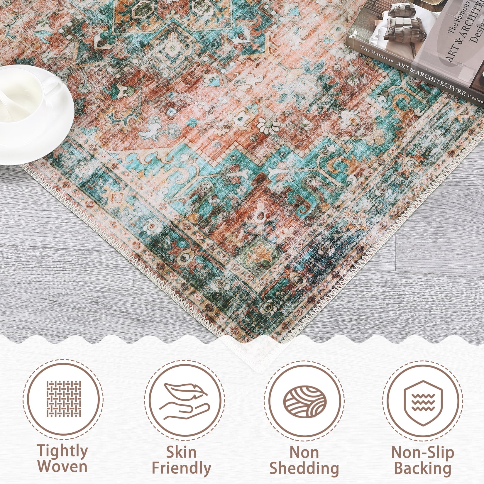 HOMERRY 9' x 12' Area Rug for Living Room Washable Bedroom Floral Geometric Carpet for Room Decor, Green/Brown
