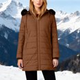thumbnail image 2 of Women's Padded Hooded Jacket Long Sleeve Solid Color Winter Coat Outerwear Warm Thickened Fashion Parka for Cold Weather | CSEONE,Coffee XL, 2 of 9