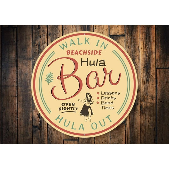 Hula Bar Novelty Sign, Metal Wall Decor - 12" Round