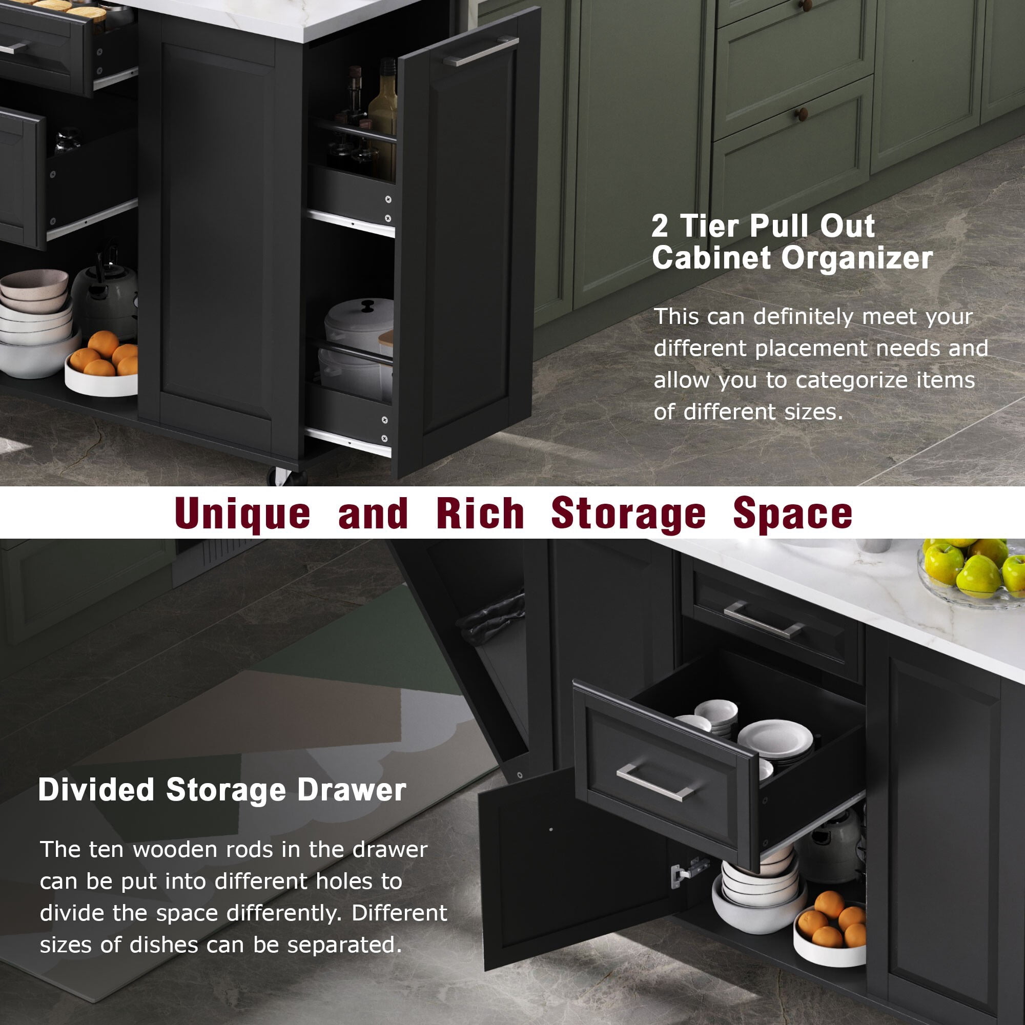 AENKYO 50.7'' Kitchen Island Cart with Drop Leaf, Hidden Trash Cabinet, Pull-Out Organizer, and Lockable Wheels, Black