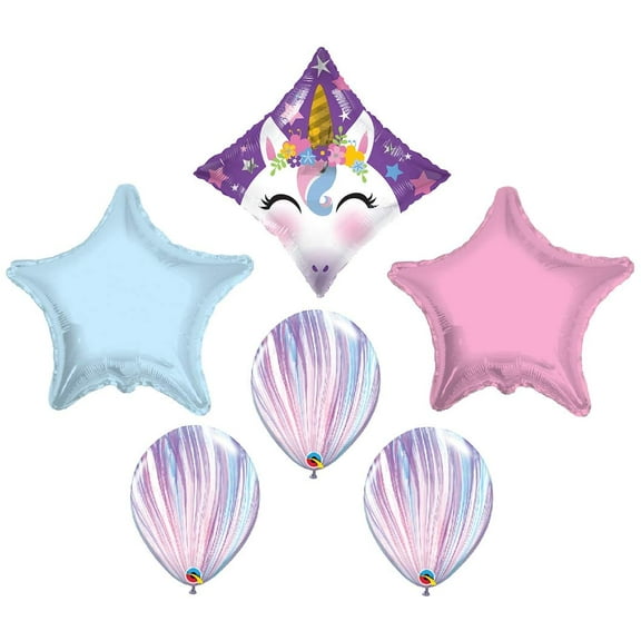 DalvayDelights Unicorn Pastel Colored Floral Stars Marble Agate Princess 6 Piece Happy Birthday Party Foil Mylar Balloons
