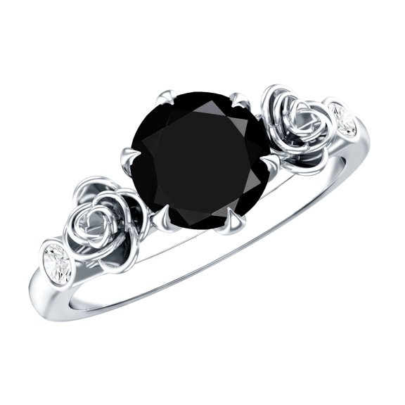 Rosec Jewels Real Solitaire Black Spinel Flower Ring with Diamond - 2.6 Carat - AAA Quality - with Jewelry Box, 925 Sterling Silver, US 4.00
